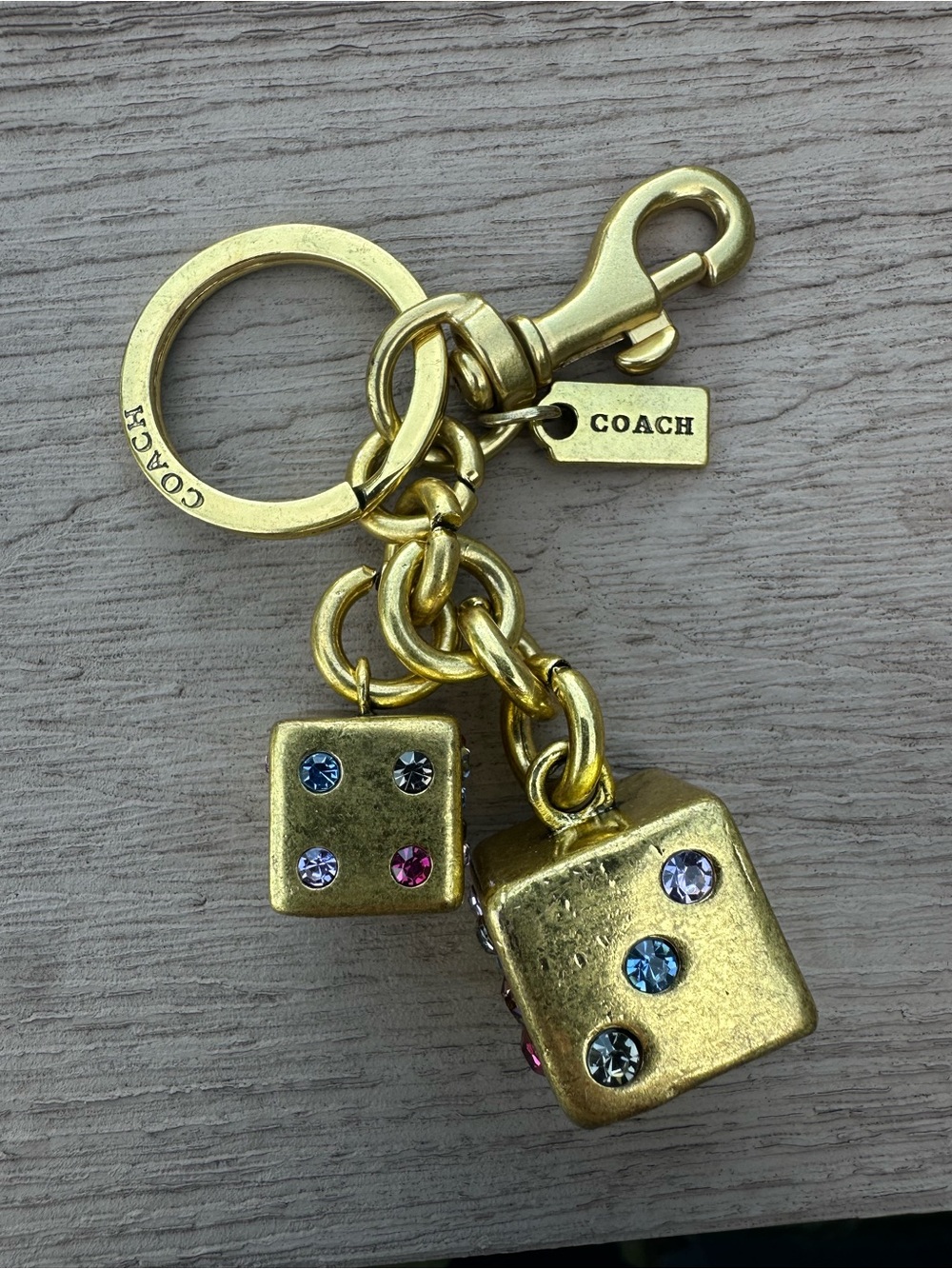 COACH Gold-Tone Dice Keychain with Multicolor Crystal Accents
